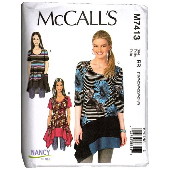 McCall's M7413 Womens 18W to 24W Asymmetrical Tunic Top Uncut Sewing Pattern - Picture 1 of 9